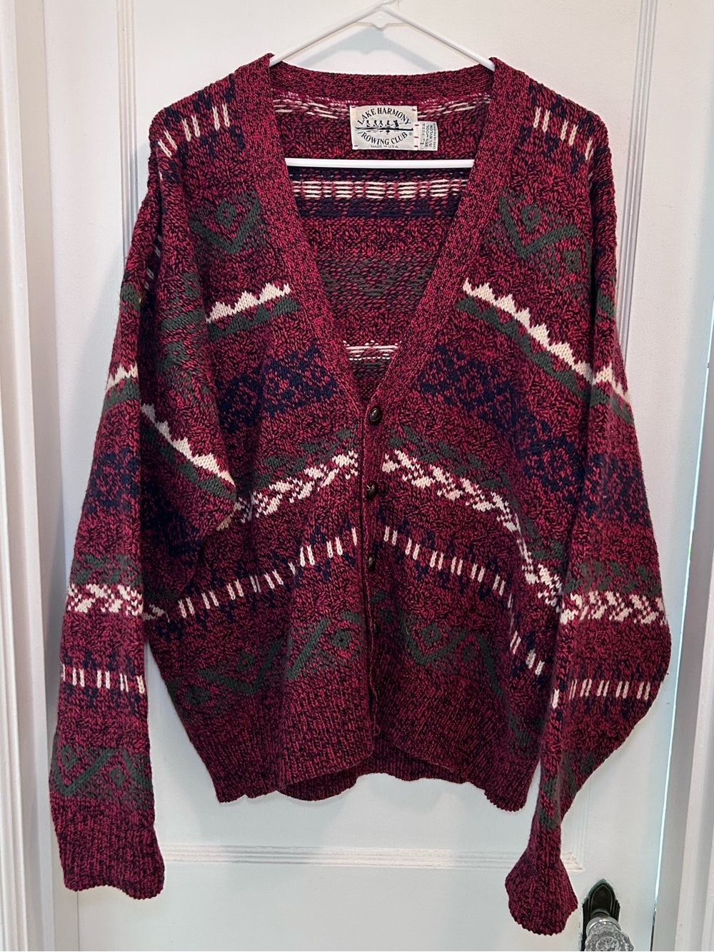 Lake Harmony Rowing Club Vintage Wool Fair Isle Knit Cardigan Sweater Men’s L